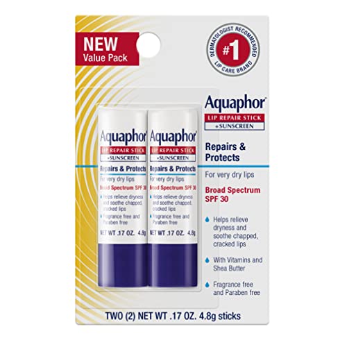 Aquaphor Lip Repair, Moisturizing Lip Balm Set, Soothes Dry Chapped Lips, Lip Repair Stick, 0.17 Oz (Pack of 2) + Lip Repair and Protect Stick, Lip Balm with Sunscreen SPF 30, 0.17 Oz (Pack of 2)