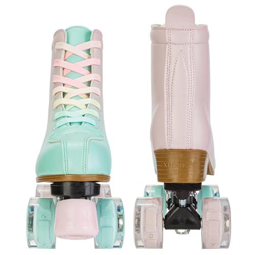 YYW Roller Skates for Girl Women Quad Roller Derby Skates High Top Double Row Light Up Roller Skates PU Skates Shoes for Kid Beginner Indoor Outdoor (32), Green pink flashing wheel