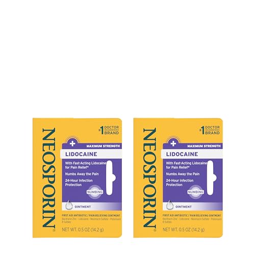 Neosporin + Lidocaine First Aid Antibiotic Ointment, Fast-Acting Topical Pain Reliever, 24-Hour Infection Protection That Numbs Away The Pain, Bacitracin Zinc, Twin Pack, 2 x 0.5 oz