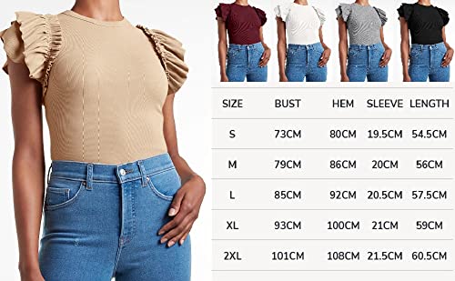 Womens Ruffle Short Sleeve Shirts Slim Fit High Neck Knit Ribbed Tops Rose Red