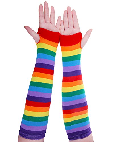 Chalier Womens Rainbow Striped Knee Thigh High Socks Arm Warmer Fingerless Gloves 2 Pairs(rainbow Set) One Size