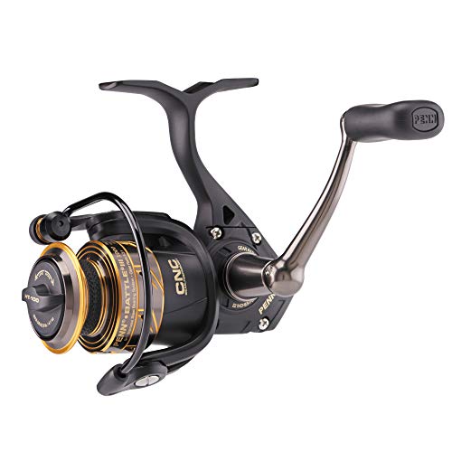 PENN Battle III Spinning Inshore Fishing Reel, HT-100 Front Drag, max of 9lb | 4.0kg, Made with Sturdy All-Aluminum Composition for Durability, Black Gold, 1000