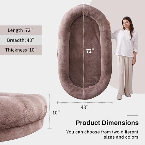 Human Dog Bed for Adult People 72"×48"×10" Giant Dog Bed for Adult Pet with Blanket and Storage Pocket, Washable Fur Cover, Camel