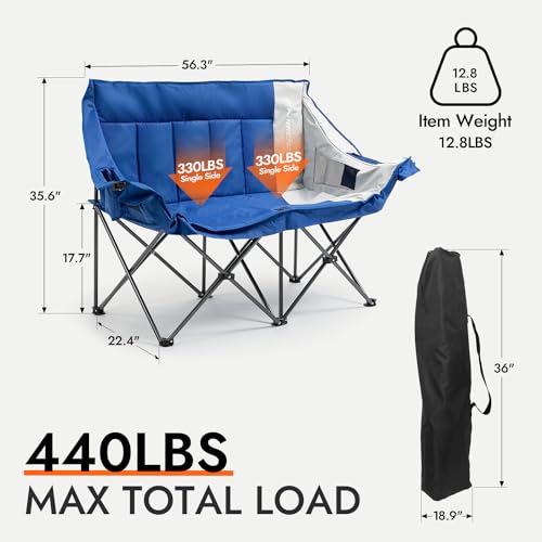 Dowinx Double Camping Chair Portable Folding Outdoor Loveseat with Side Pockets, Lawn Chair Camping Couch for Beach/Outdoor/Patio, Padded Seats & Armrests Supports up to 440lbs, (Blue PRO)