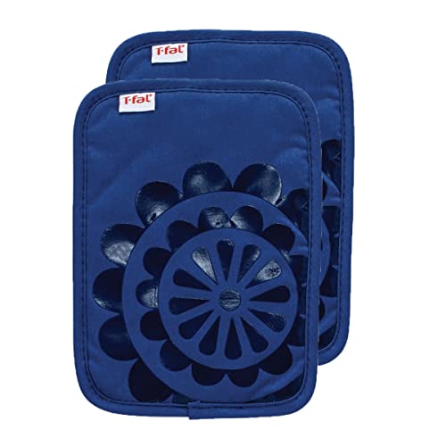 T-fal 4-Pack Medallion Design 100% Cotton and Silicone Oven Mitt & Pot Holder Set - Heat-Resistant Silicone Grip - Blue