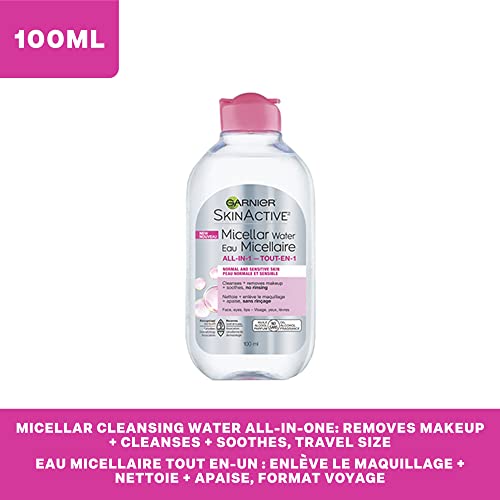 Garnier Micellar Cleansing Water, All-in-1 Makeup Remover and Facial Cleanser, For All Skin Types, 3.4 Fl Oz (100mL), 1 Count (Packaging May Vary)