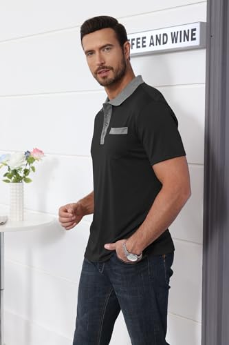 Lexiart Mens Fashion Short Sleeve Polo Shirts Splice Button Collar Regular-Fit Tshirts with Pocket Black