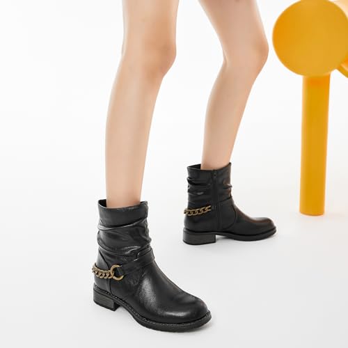 Shupua Ankle Booties For Women Low Heel Fall Boots Black Combat Boots Womens Ankle Boots With Chain Strap(Grey.us7)