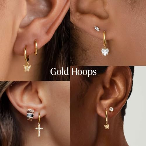Poxtex Small Gold Huggie Hoop Earrings Set for Women, Hypoallergenic 14K Real Gold Plated Stack Cartilage Earring, Earrings Sets for Multiple Piercing Lightweight Mini Thin Cute Dainty Trendy Clip On Jewelry