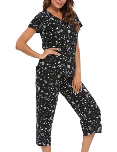 ENJOYNIGHT Womens Pajama Sets Cotton Pj Set Short Sleeve Top With Capri Pants Sleepwear 2 Piece Lounge Set (Medium,Wine Red)