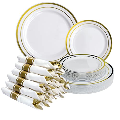 Pre Wrapped Cutlery Set- 25 sets of Fork, Knife, Spoon wrapped in a napkin - 25 Small Plates- 25 Big Plates (Gold)