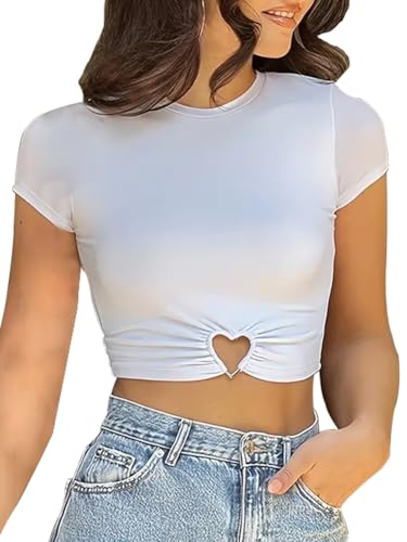 Swahen Women's Cute Short Sleeve Crop Tops Basic Slim Fitted Going Out Y2K Tops Summer Tee (US, Alpha, Small, Regular, Regular, White)