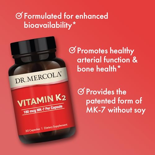 Dr. Mercola Vitamin K2, 30 Servings (30 Capsules), 180 mcg MK-7 Per Capsule, Dietary Supplement, Promotes Healthy Arterial Function, Non-GMO