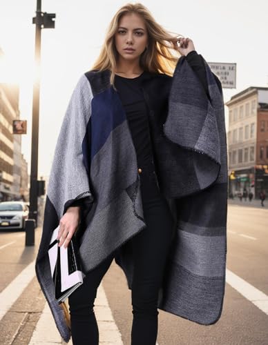 PAMEILA Women's Travel Plaid Shawl Wraps Open Front Poncho Cape Warm Oversized Sweaters Casual Cardigan Shawls for Fall Winter,Series 04-Houndstooth