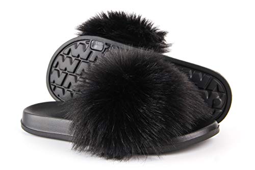 Hangrui Women's Faux Fur Slides, Open Toe Cute Fur Slippers, Comfortable Fur Sandals With Fluffy Fur (Black1, numeric_6)