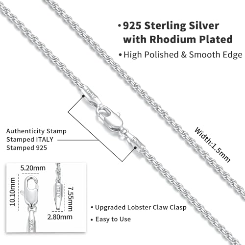 Jewlpire Soild 925 Sterling Silver Chain Necklace for Women, 1.5mm Rope Chain Italian Silver Chain Shiny & Sturdy & Durable Women's Chain Necklaces 16 Inches