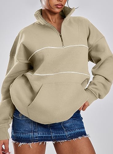 BLENCOT Women's Half Zip Contrast Stitch Sweatshirts Long Sleeve Fleece Striped Drop Shoulder Pullover Workout Tops Apricot M