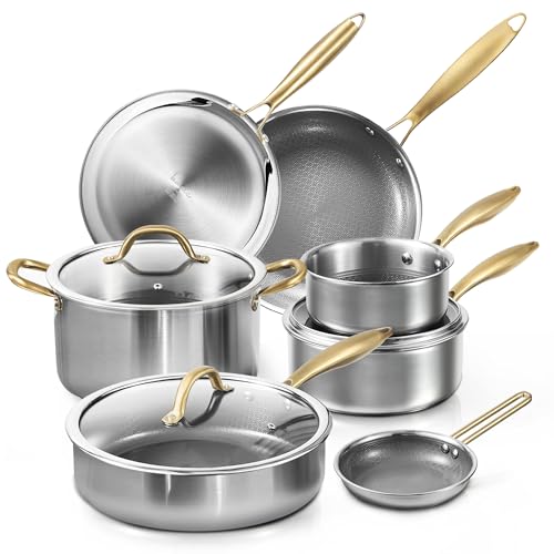 CAROTE Tri-Ply Stainless Steel Cookware Set, 9 Pcs Stainless Steel Pots and Pans Set with Tempered Glass Lids, Stay-Cool Golden Handles, Dishwasher and Oven Safe, California Collection, Cream White