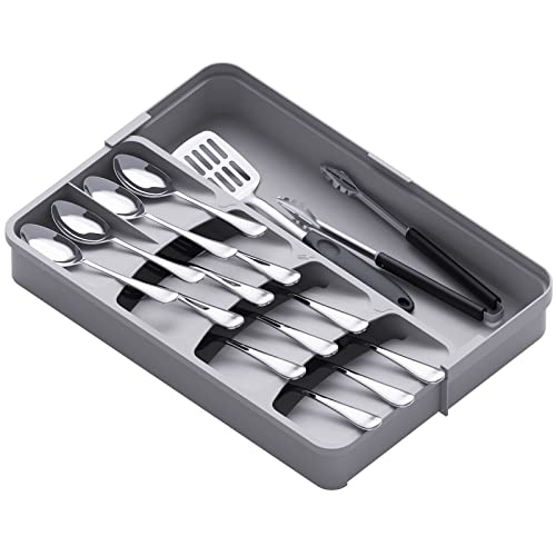 Lifewit Silverware Organizer, Compact Utensil Organizer for Kitchen Drawer, Expandable Flatware and Cutlery Tray, Adjustable Plastic Spoons Forks Knives Storage Holder Organization, Gray