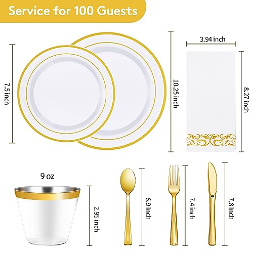 Goodluck 700 Piece Gold Dinnerware Set for 100 Guests, Disposable for Party, Include: 100 Gold Rim Dinner Plates, 100 Dessert Plates, 100 Paper Napkins, 100 Cups, 100 Gold Plastic Silverware Set