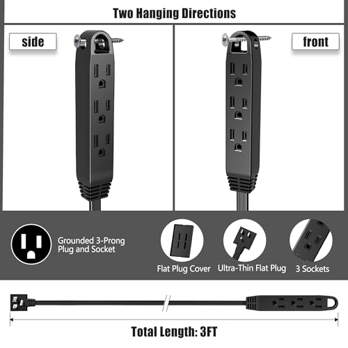 CABOCASA Dual 3FT Ultra-Thin Outlet Concealer, Universal Size Outlet Cover 3 FT Twin Extension Cord with 3 Outlets Each Side, Ideal for Home Appliances on Opposite Sides of a Wall Outlet