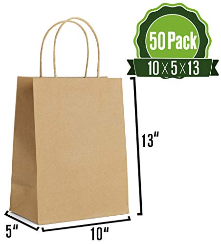 Brown Paper Bags Bulk with Handles 10 X 5 X 13 [50 Bags]. Ideal for Shopping, Packaging, Retail, Party, Craft, Gifts, Wedding, Recycled, Business, Goody and Merchandise Kraft Bag