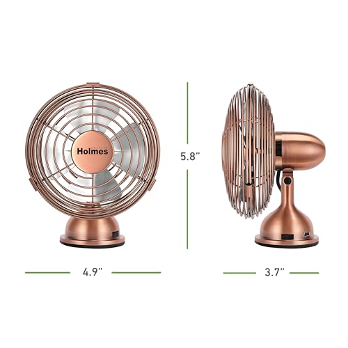 HOLMES 4" Mini Heritage Desk Fan, USB-Powered, Single Speed, 4 Blades, Adjustable 100° Head Tilt, Metal Construction, Ideal for Home, Dorm Rooms, Bedrooms, Office or Travel, Vintage Brushed Copper