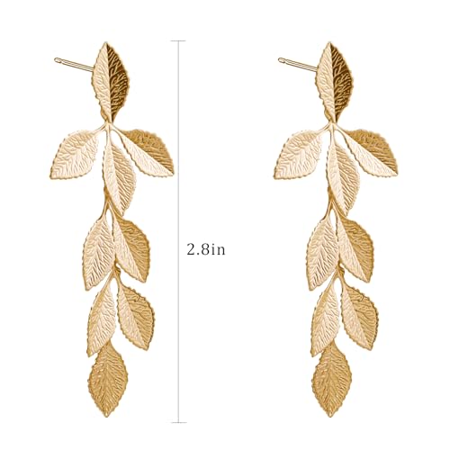 Gold Long Leaf Stud Earrings Handmade Leaf Dangling Earrings for Women Plant Earrings for Gift