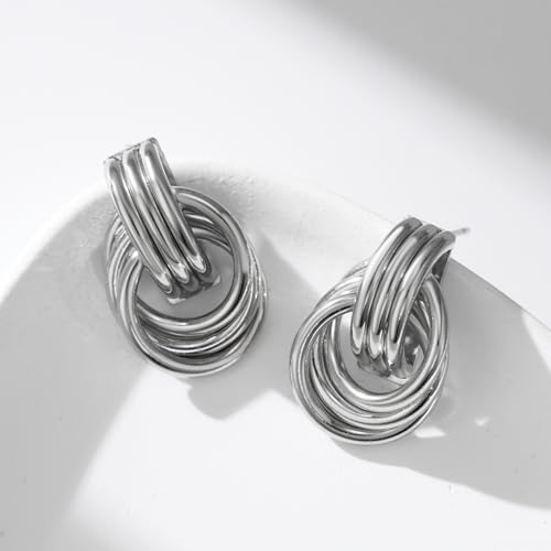SWEETV Silver Statement Geometric Dangle Drop Earrings for Women, Trendy Chunky Twisted Knot Link Earring Dupes, Fashion Women's Stud Earrings Jewelry Gift,Silver