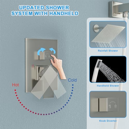 Lordear Rain Shower System 8 Inch Shower Head,Wall Mounted Shower Faucet Set Brushed Nickel Finish Stainless Steel Shower Head and Handheld, Brass Main Body Shower Valve Included