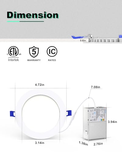 VOLISUN 12 Pack 3 inch LED Recessed Light, 5CCT Recessed Lighting with Junction Box, 2700K-5000K Selectable, Dimmable Canless Wafer Downlight, LED Ceiling Light ETL Certificated