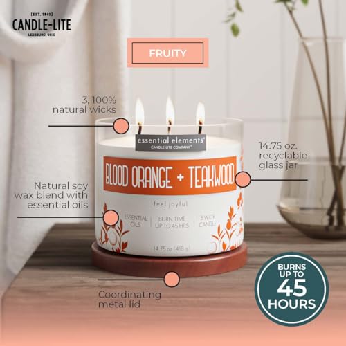 Essential Elements by Candle-lite Scented Candles, Blood Orange & Teakwood Fragrance, One 14.75 oz. Three-Wick Aromatherapy Candle with 45 Hours of Burn Time, Off-White Color