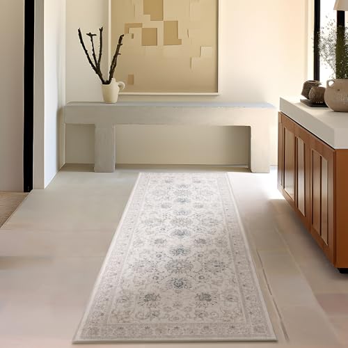 Phantoscope Hallway Runner Rug 2'x6' - Boho Washable Non-Slip Kitchen Rug Runner, Ultra-Thin Vintage Distressed Accent Throw Rug for Entryway Laundry Bathroom Bedroom, Beige/Neutral