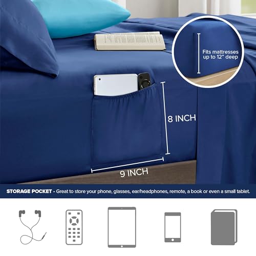 Comfort Spaces Twin Comforter Sets with Sheets - Bed in a Bag 6 Pieces Teen Bedding Sets Twin, Navy and Grey Stripes Bedding Twin, College Twin Bed Set, 2 Side Pockes Bedroom Organizer Twin Navy