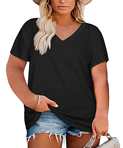 Womens Plus Size V Neck T Shirts Summer Short Sleeve Sexy Tops Casual Loose Fit Soft Basic Tees