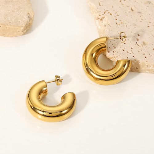 Tituthia Chunky Gold Hoop Earrings for Women, Trendy Simple 14K Gold Plated Thick Large Gold Hoop Earring for Women Hypoallergenic Lightweight Open Big Hoops Earrings Trendy Gold Jewelry Women