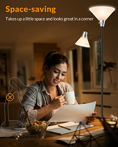 LEPOWER Floor Lamp, Standing Lamp with Replaceable 3000K Energy-Saving LED Bulbs,9W Lamp for Living Room with 5W Adjustable Reading Light, Modern Bright Floor Lamp for Bedroom, Living Room, Office