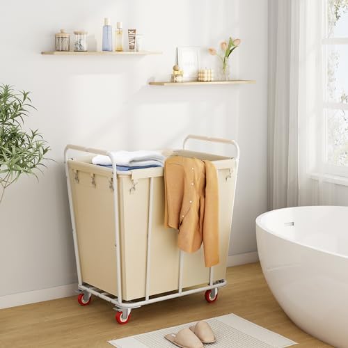 Hoctieon Large Rolling Laundry Hamper with Wheels, Laundry Sorter Cart for Clothes Storage, Durable Laundry Basket with Lockable Wheels, Heavy Duty Clothes Hamper for Laundry & Bedroom, Beige