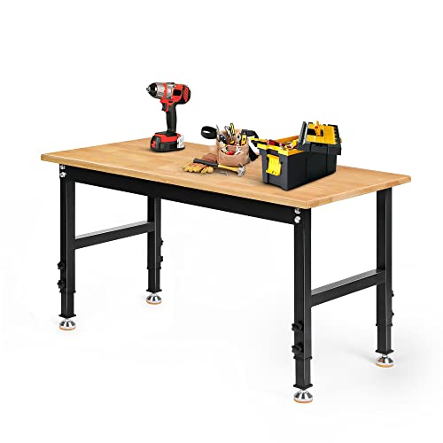 Betterhood 60" Adjustable Workbench for Garage, Rubber Wood Heavy Duty Workstation with Power Outlets & Wheels, 2000 LBS Load Capacity Hardwood Worktable for Workshop, Garage, Office, Home, Commercial