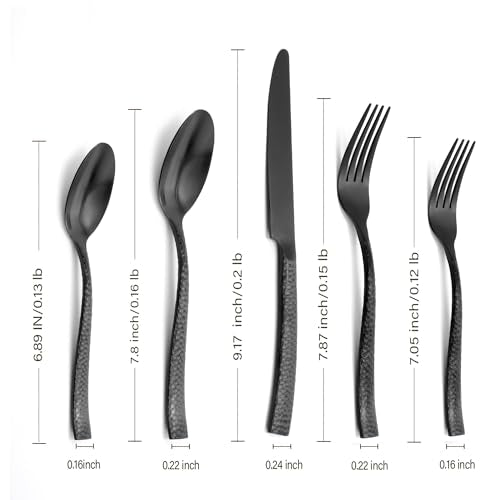 Kelenfer Silverware Set Flatware Set Matte Black Stainless Steel Forged Hammered Cutlery Set Heavy 20 Pieces Service for 4