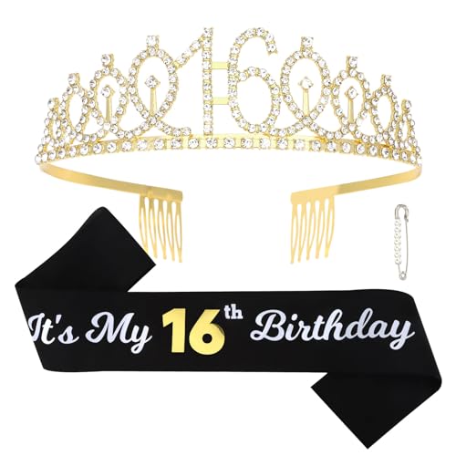 CAVETEE Gold 16th Birthday Sash and Tiara, 16th Birthday Crown and It's My 16th Birthday Sash for Girls Kit Birthday Decoration 16th Birthday Party Gifts