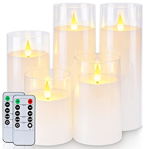 Homemory Amber Flickering Flameless Candles, Battery Operated Acrylic LED Pillar Candles with Remote Control and Timer, Set of 5