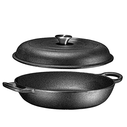 Bruntmor 3.8 Quart Enamel Cast Iron Dutch Oven With Handles And Lid, 3.8 Qt Black Cast Iron Skillet, Enamel Shallow Cookware Braising Pan For Casserole Dish, Crock Pot Covered With Cast Iron- Black