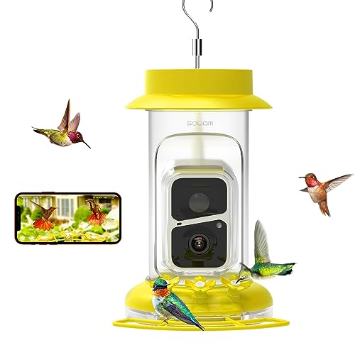 Soliom Humbirdy-The Original Hummingbird Feeder Camera with Ant Moat,Bee Proof,AI Identify Bird Species,Bird Watching Camera W/ 3 Feeding Ports,Instant Notifications,Gifts Ideas for Family(16 Ounces)