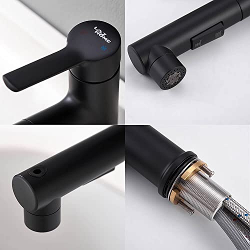 LAZ HOME Bathroom Sink Faucet with Pull Out Sprayer,Three Water Flow Modes Brass Single Handle Black Bathroom Basin Faucet for Hot and Cold Water Vanity Basin Faucet