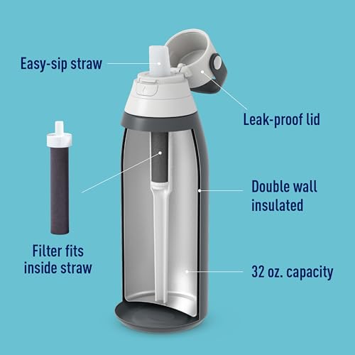 Brita Stainless Steel Premium Filtering Water Bottle, BPA-Free, Reusable, Insulated, Replaces 300 Plastic Water Bottles, Filter Lasts 2 Months or 40 Gallons, Includes 1 Filter, Carbon - 32 oz.