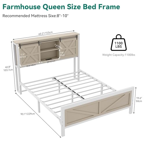 YITAHOME Farmhouse Queen Size Bed Frame with Headboard, Bookcase Shelves, Sliding Barn Door, Charging Station, Rustic Wood Platform Bed, No Box Spring Needed, Oak