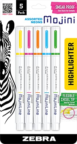 Zebra Pen Mojini Highlighter Set, Soft Chisel Tip, Assorted Colors, 5-Pack (70205)