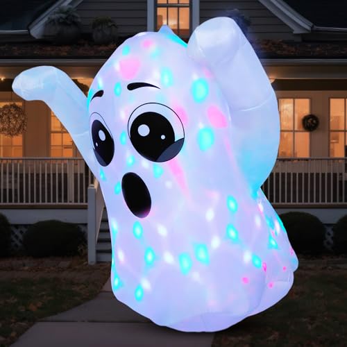 Joiedomi 5 FT Halloween Inflatables Outdoor Decorations, Halloween Decorations Inflatables Ghost with Rotating Colorful LED, Blow Up Ghost with Pumpkin for Halloween Decor, Halloween Lawn Inflatables