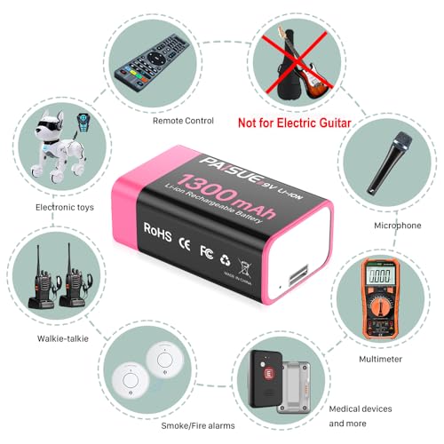 9V Rechargeable Batteries, 1300mAh High Capacity Lithium-ion Long Lasting 9 Volt Batteries with 2 in 1 USB C Fast Charging Cable for Smoke Alarms,Microphone,Multimeters,Toys,Game Controllers (2 Count)